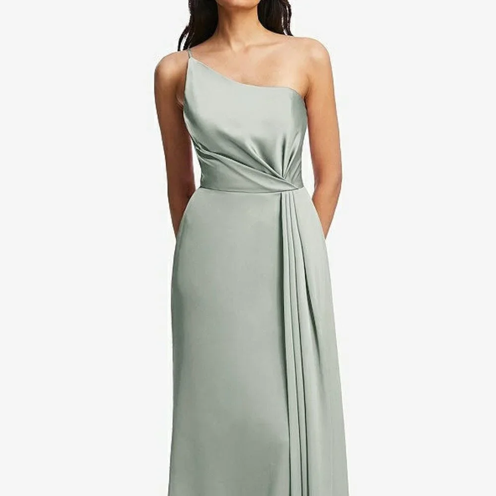 After Six 6878...One-Shoulder Draped Skirt Satin Trumpet Gown...Willow...Sz 10 - Picture 1 of 6